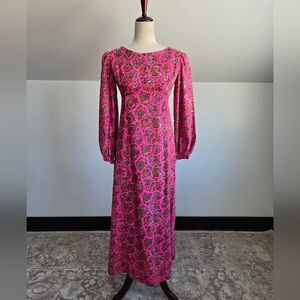 Vintage Pink Paisley Nrushed Acrylic Dayglo Print Dress